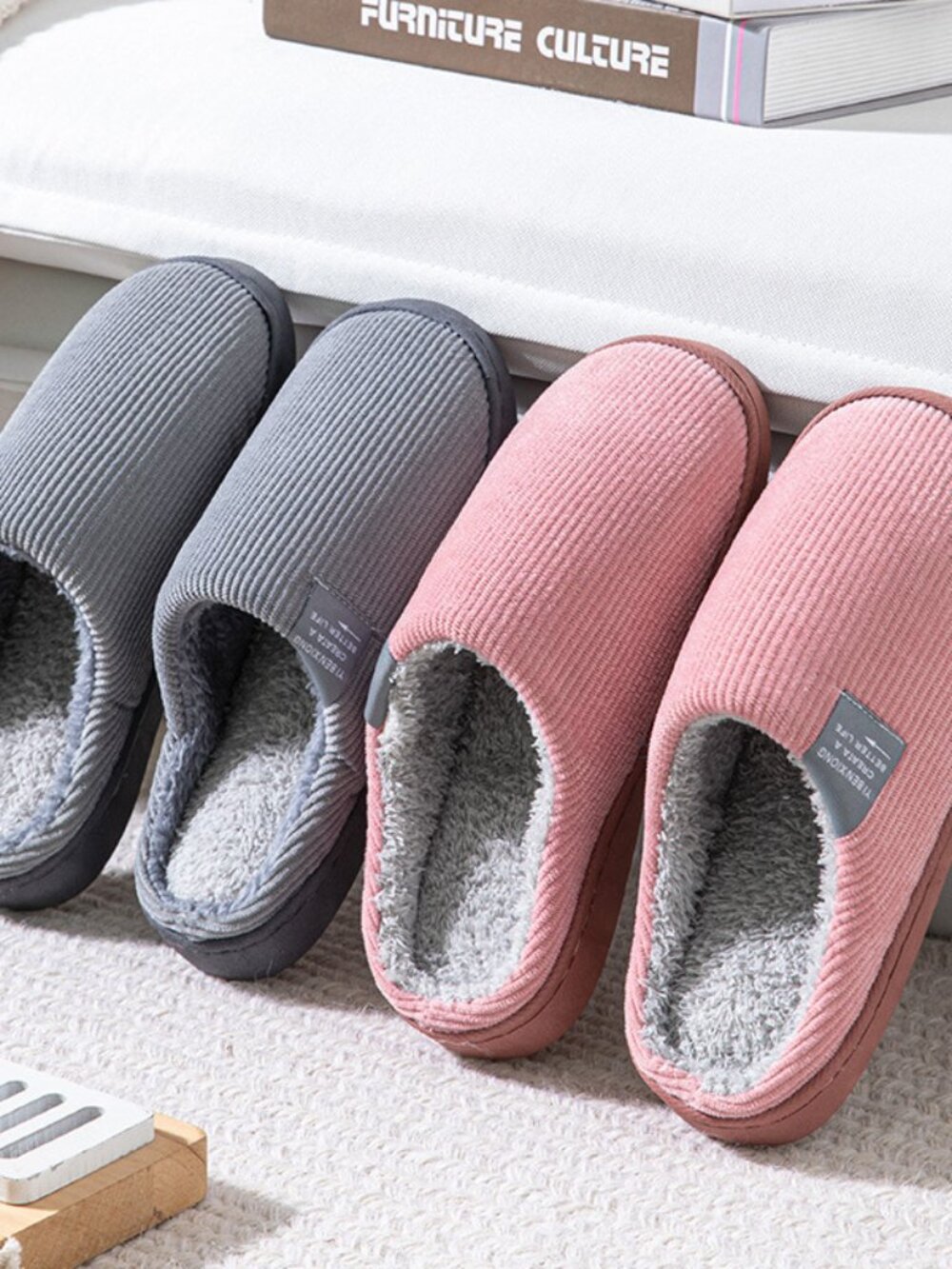 3 of Couple Fleece Lined House Slippers Winter Warm Indoor Shoes for Men #507